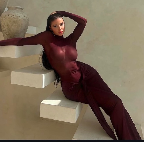 NEW Mock Neck Front Wrap sheer sexy burgundy Detail Maxi Party mesh Dress - Picture 7 of 8